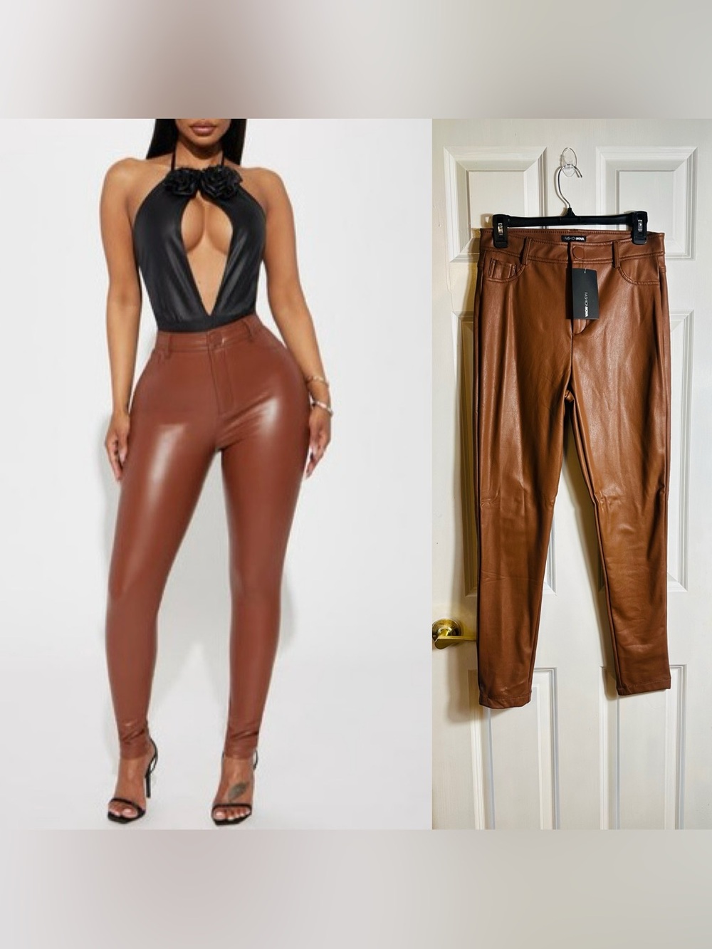 Faux Leather High-Waist Skinny Pants - Brown